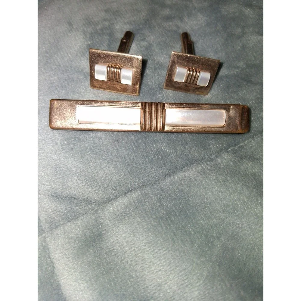 Vintage Gold Tone Mother of Pearl Cufflink and Tie Clip‎ Set Mens Formal Jewelry